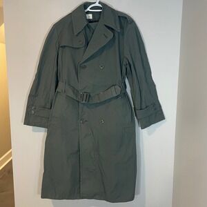 Vintage US Army Trench Coat Raincoat Green 274 38R Military Belted Vietnam Era